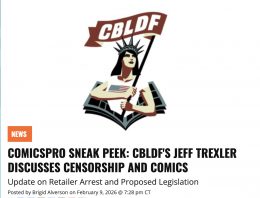 CBLDF Liberty logo with screenshot from icv2 article on Jeff Trexler speaking at ComicsPro about comics censorship